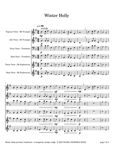 Winter Holly for Brass Quartet in Schools (arr. Joseph Judge)