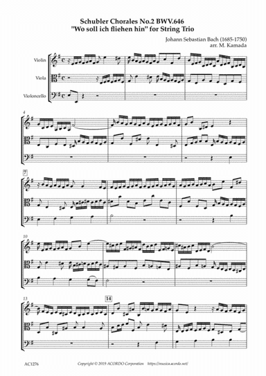Six Schubler Chorales No.2 BWV.646 "Wo soll ich fliehen hin" for String Trio (arr. Kamada, Mikio)