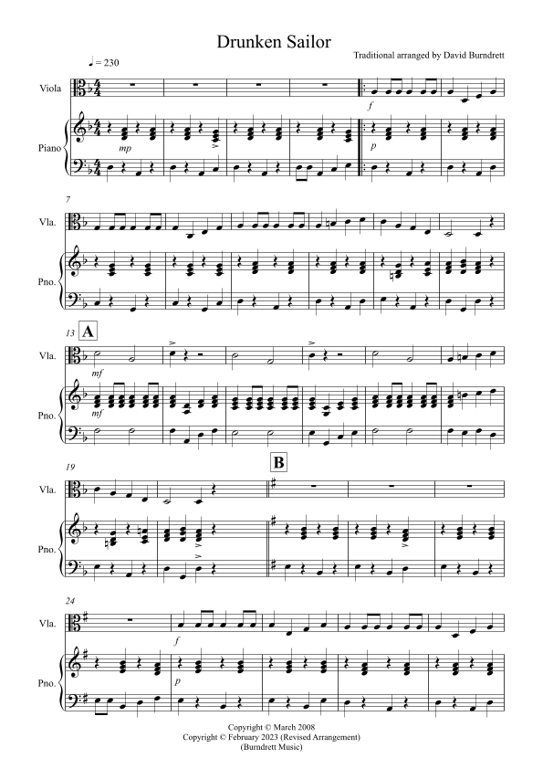 Drunken Sailor for Viola and PIano (arr. David Burndrett)