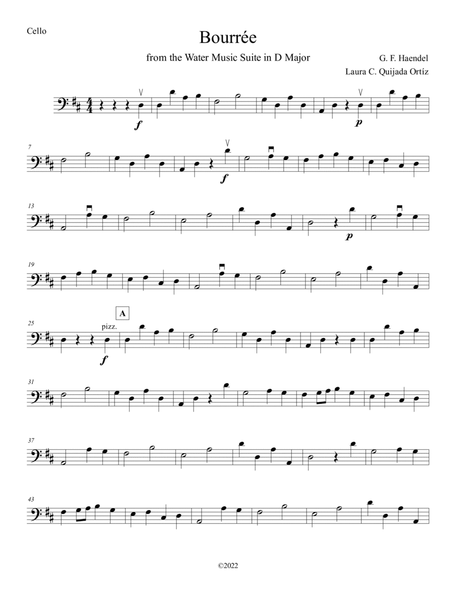 Bourrée from Water Music Suite in D Major, for beginner string orchestra. SCORE & PARTS. (arr. Laura C. Quijada Ortíz)