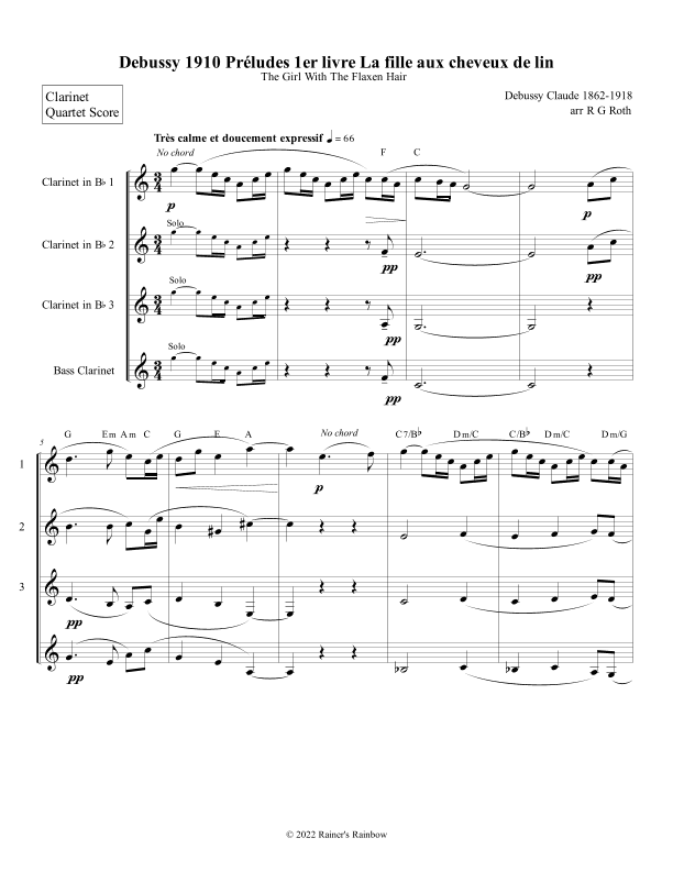 Debussy Prelude Girl With Flaxen Hair Clarinet Quartet (arr. R G Roth)