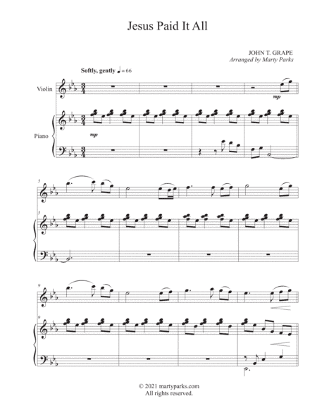 Jesus Paid It All (Violin-Piano) (arr. Marty Parks)