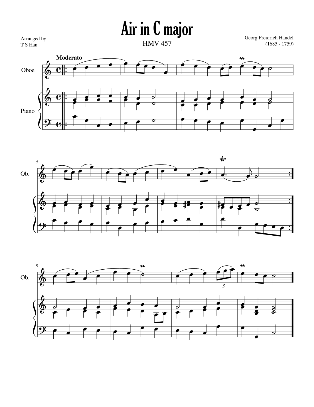 Handel Air in C major for Oboe and Piano, HMV 457 (arr. T S Han)