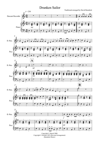 Drunken Sailor for Descant Recorder and PIano (arr. David Burndrett)
