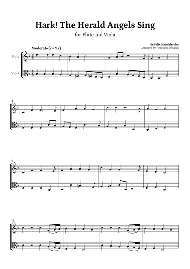 Hark! The Herald Angels Sing (Flute and Viola) - Beginner Level (arr. Henrique Oliveira)