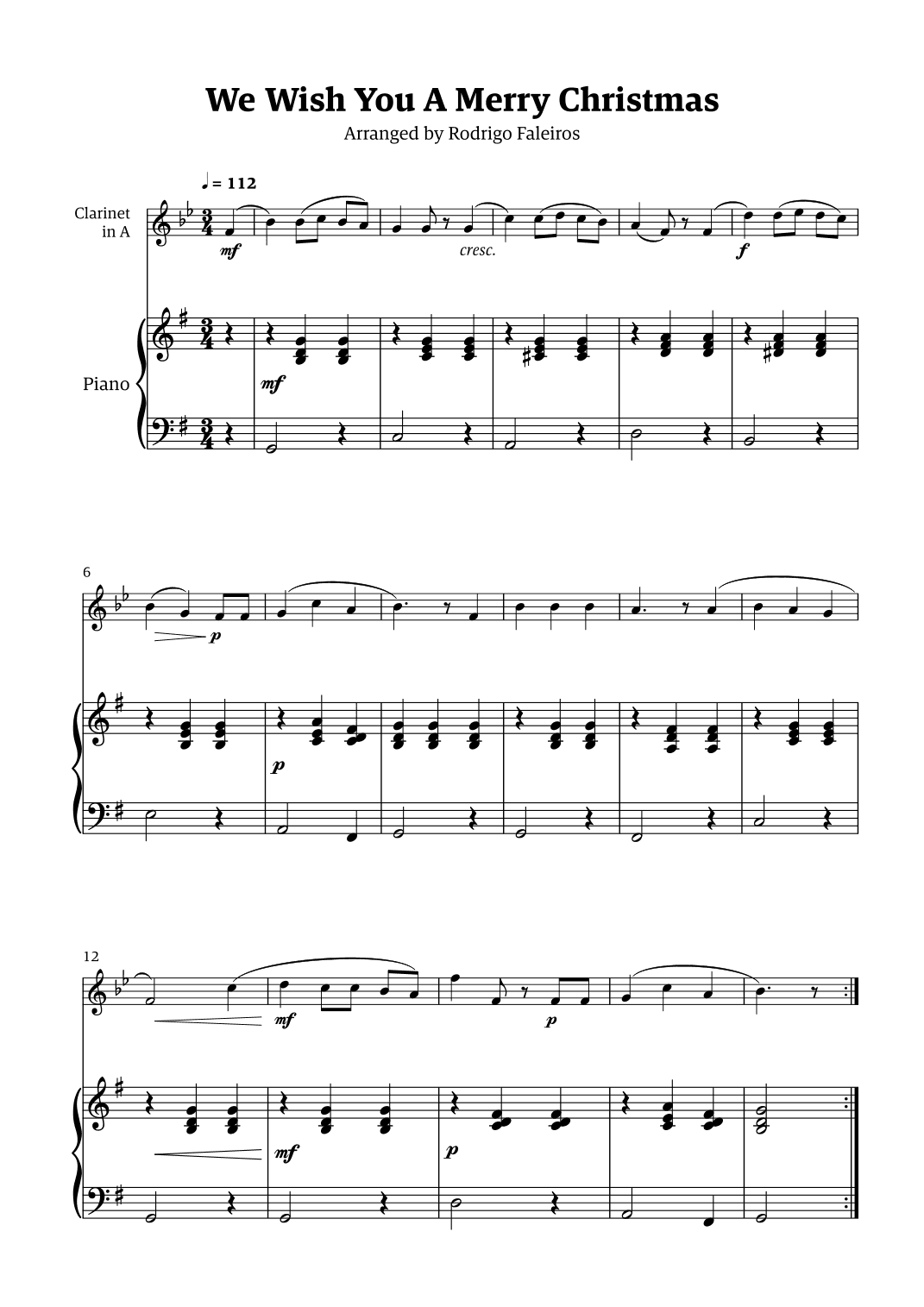 We Wish You a Merry Christmas (for solo clarinet in A with piano accompaniment) (arr. Rodrigo Faleiros)