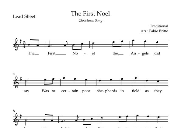 The First Noel (Christmas Song) Lead Sheet in G Major. (arr. Fabio Britto)
