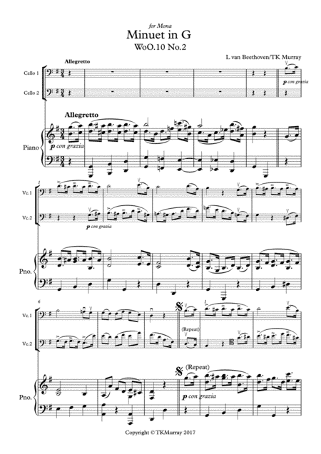 Beethoven - Minuet in G - 2nd. Cello Part & New Piano Part- Suzuki Bk.3