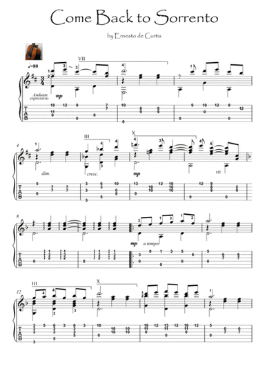 Come Back to Sorrento guitar fingerstyle solo (arr. PianoSheetNow)