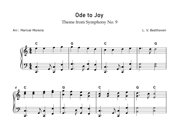 Ode to Joy - Beethoven (Intermediate piano) - Score and Chords (arr. Marival Moreira)