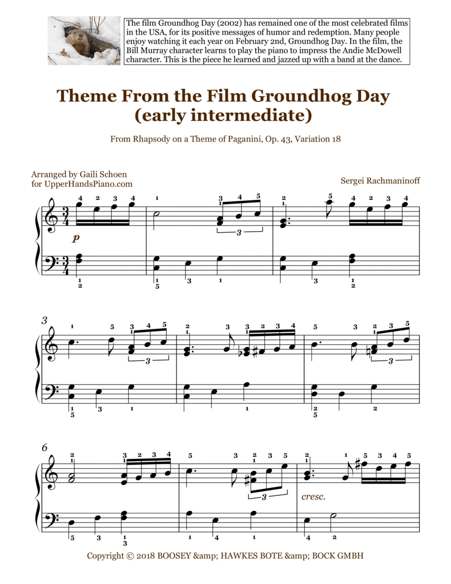 Groundhog Day Theme (arr. Gaili Schoen for UpperHandsPiano.com)