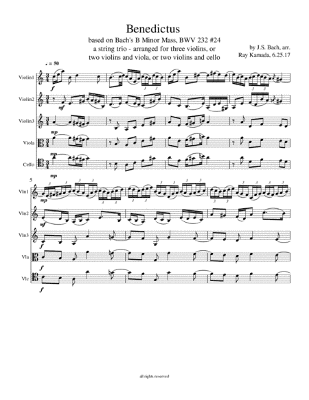 Benedictus, from the B Minor Mass, BWV 232, #24, for various string trio combinations (arr. Ray Kamada)