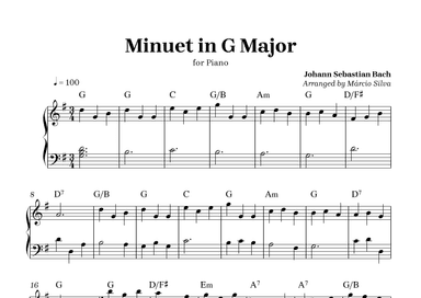 Minuet in G Major - for piano - easy sheet music (arr. Márcio Silva)