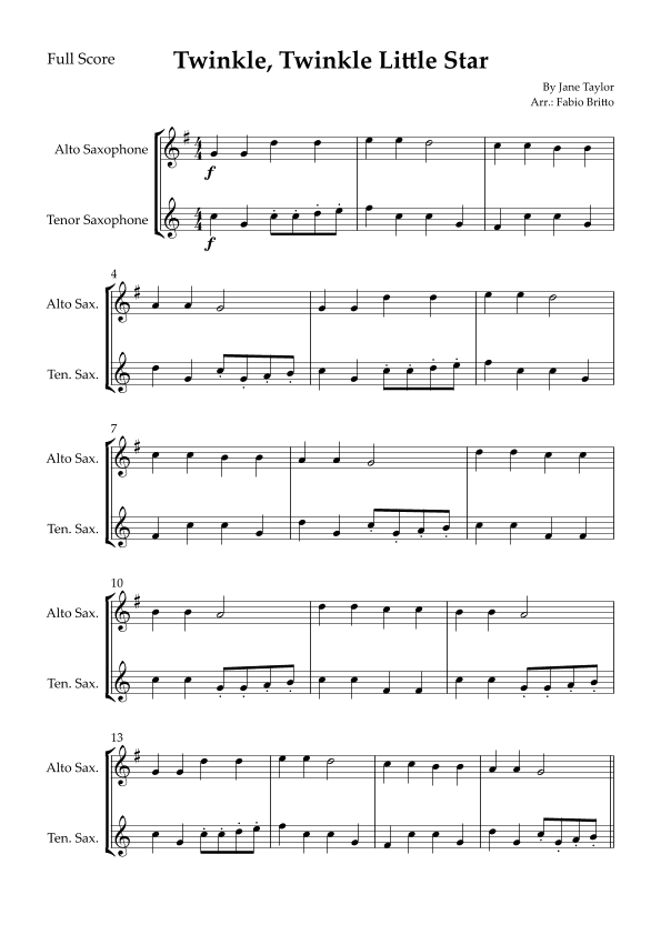 Twinkle, Twinkle Little Star for Alto Saxophone & Tenor Saxophone Duo (arr. Fabio Britto)
