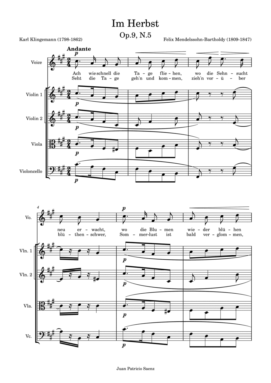 Mendelssohn, F: Im Herbst Op.9, N.5 - arrangement for string quartet and High voice (arr. Juan Patricio Saenz)