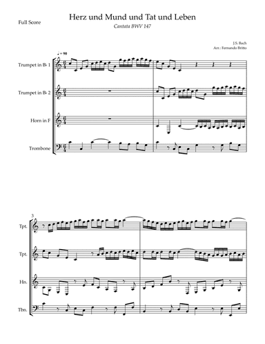 Cantata Herz und Mund und Tat und Leben (J.S. Bach BWV 147) for Brass Quartet (arr. Fernando Britto)