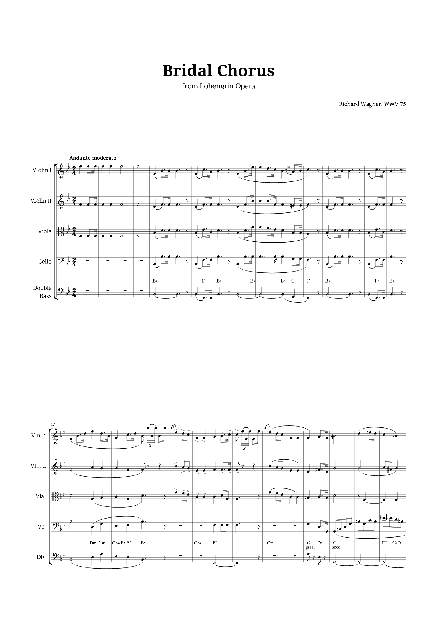 Bridal Chorus by Wagner for String Quintet with Chords (arr. Langanho)
