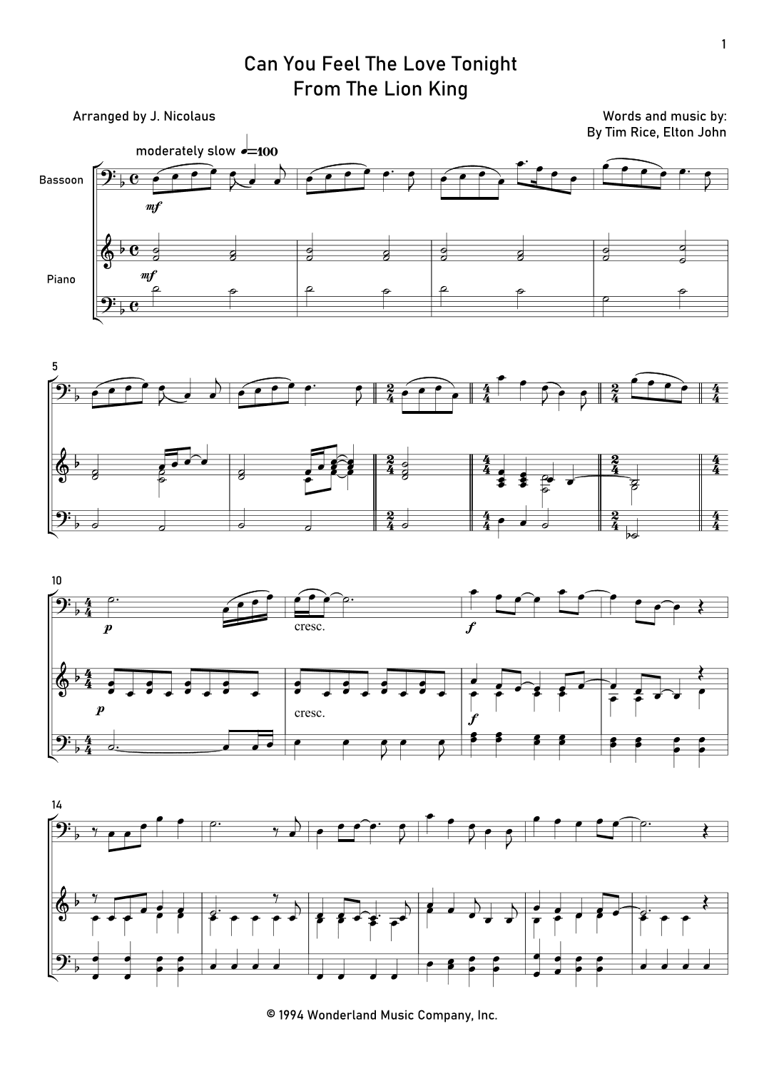 Can You Feel The Love Tonight (arr. John Nicolaus)