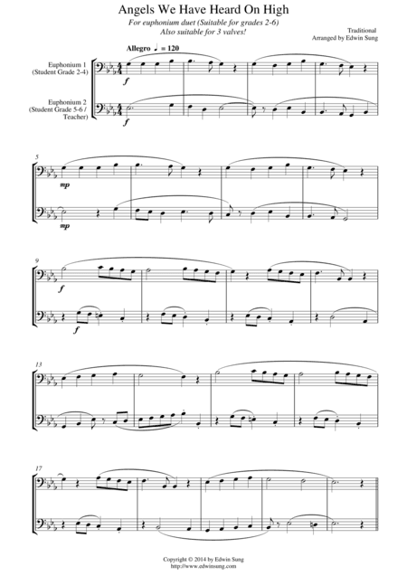Angels We Have Heard On High (for euphonium duet (bass clef, 3 or 4 valved), suitable for grades 2-5 (arr. Edwin Sung)
