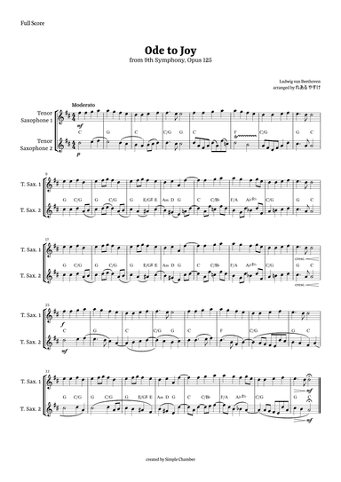 Ode to Joy for Tenor Saxophone Duet by Beethoven Opus 125 (arr. れある やすけ)