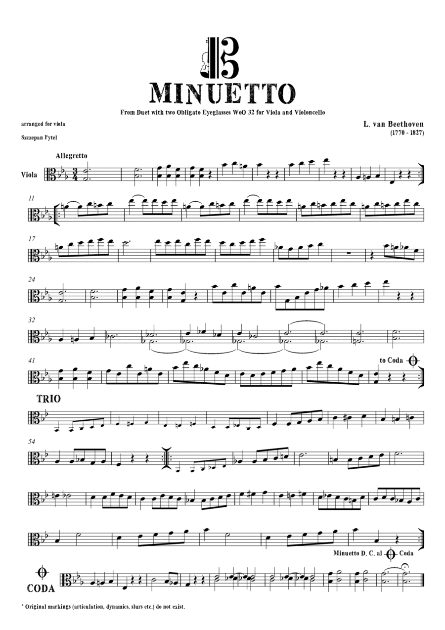 Ludwig van Beethoven Minuetto from Obligato Eyeglasses for 2 Violas (viola duet) or Viola & Cello - (arr. Szczepan Pytel)