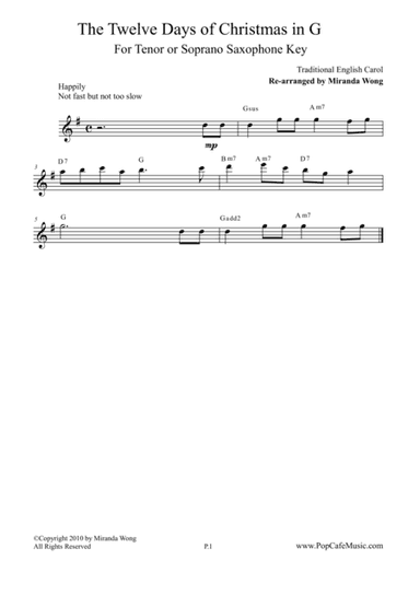 The Twelve Days of Christmas in G - Tenor or Soprano Saxophone Solo (arr. Miranda Wong)