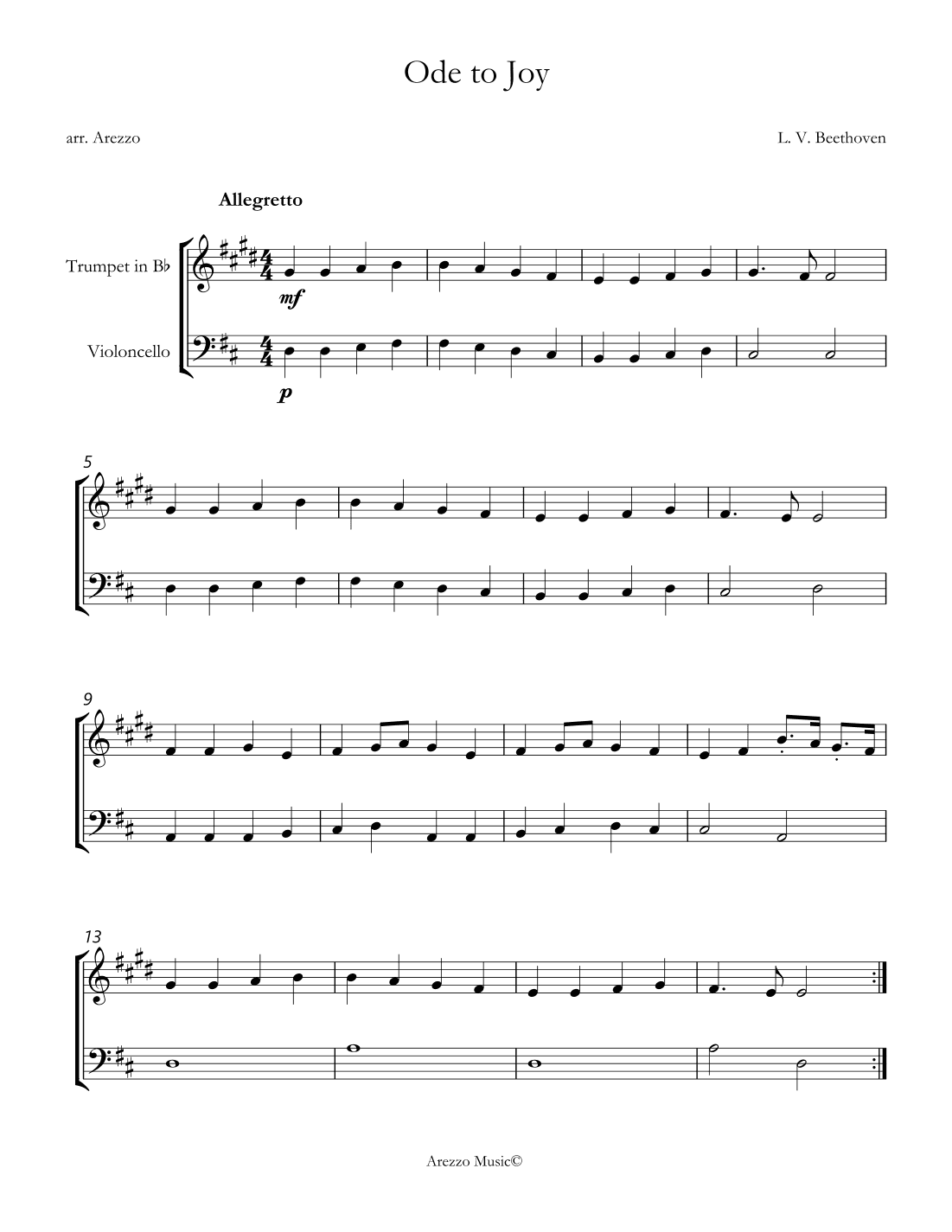 ode to joy trumpet and cello for beginners arezzo sheet music engraver (arr. Arezzo Music)