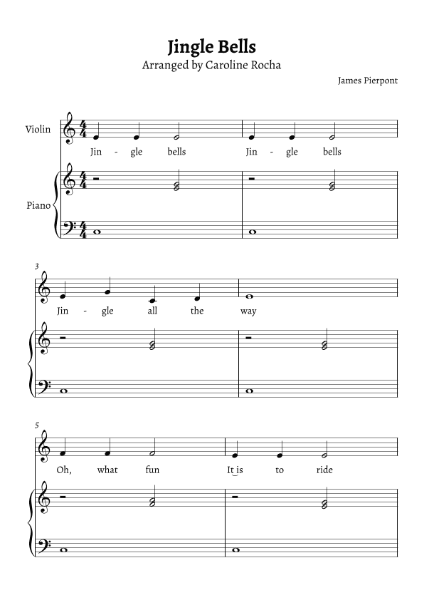 Jingle Bells easy piano and violin score (arr. Caroline Rocha)