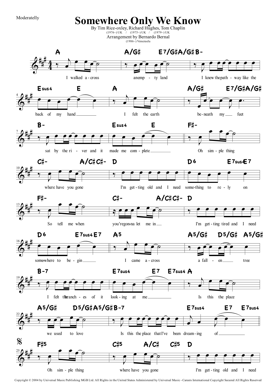 Somewhere Only We Know (arr. Bernardo Bernal Hidalgo)