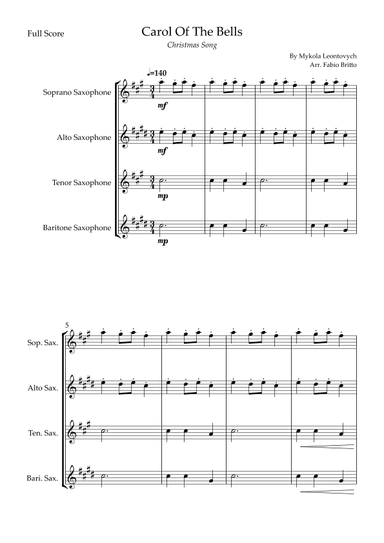 Carol Of The Bells (Christmas Song) for Saxophone Quartet (arr. Fabio Britto)