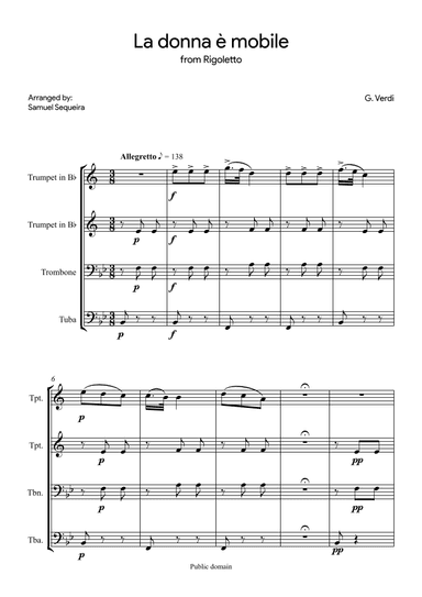 La donna è mobile - Brass Quartet (2 Trumpets; Trombone; Tuba) (arr. Samuel Sequeira)