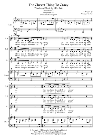The Closest Thing To Crazy (arr. Carolyn Goates)