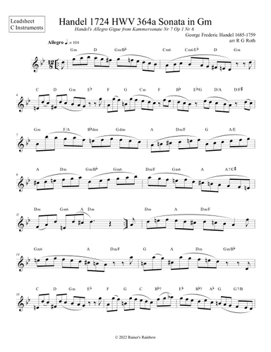 Handel's Gigue or Tarantela Leadhsheets CBb or Eb Instruments (arr. R G Roth)