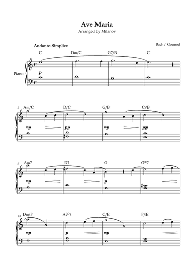 Ave Maria Bach Gounod in C Easy Beginner Piano Chord (arr. Milanov)