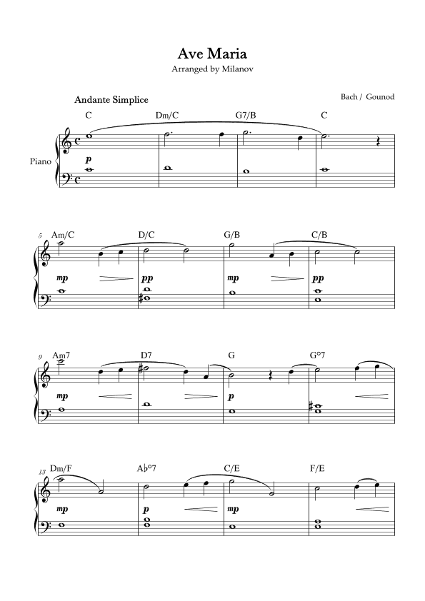 Ave Maria Bach Gounod in C Easy Beginner Piano Chord (arr. Milanov)