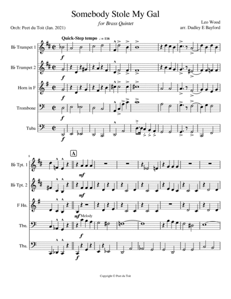 Somebody Stole My Gal (arr. Dudley E Bayford & Peet du Toit)
