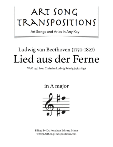 BEETHOVEN: Lied aus der Ferne, WoO 137 (transposed to A major) (arr. ArtSongTranspositions.com)
