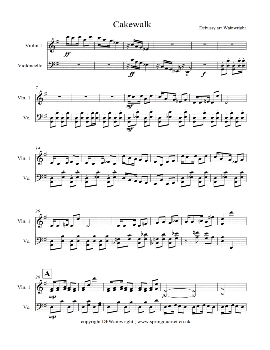 Debussy's Cakewalk for violin and cello duet (arr. David F Wainwright)