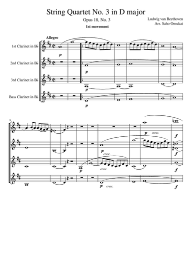 Ludwig van Beethoven:Quartet No.3 Op.18 for 4 Clarinets (3Clarinets and Bass Clarinet). (arr. Saho Omukai)