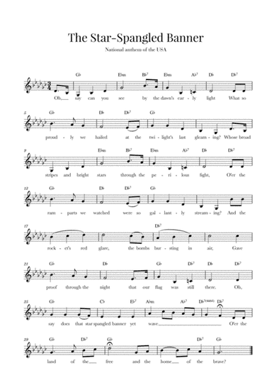 The Star Spangled Banner (National Anthem of the USA) - with lyrics - G-flat Major (arr. Cadenza Editions)