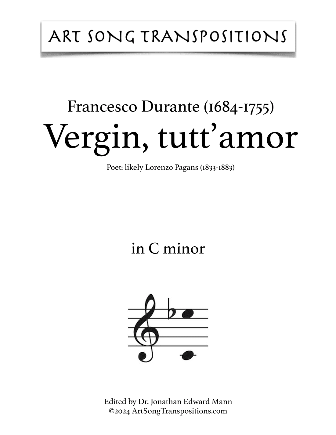 DURANTE: Vergin tutt'amor (transposed to C minor) (arr. ArtSongTranspositions.com)