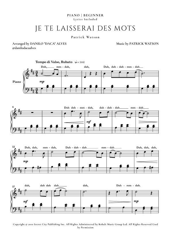 Je Te Laisserai Des Mots (arr. Danilo "Daca" Alves)