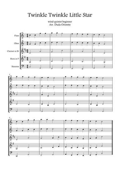 Twinkle Twinkle Little Star (For BEGINNER and kids (wind quintet) (arr. Duda Oriontte)