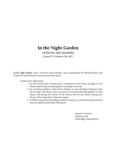 Carson Cooman -  In the Night Garden, Virelai for solo marimba