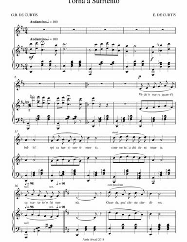 Torna a Surriento : Voice and Piano in D (arr. Amir Awad)