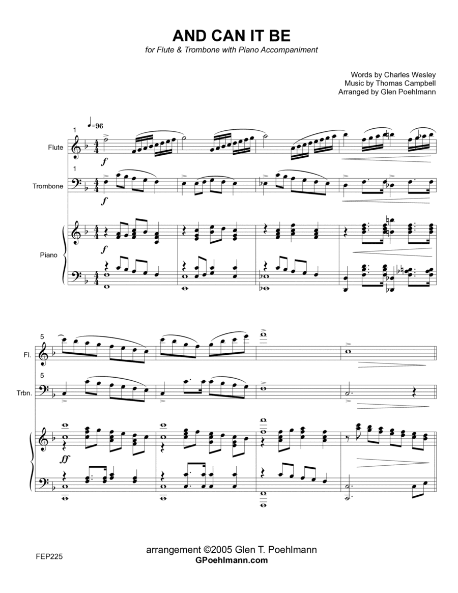 AND CAN IT BE - FLUTE and TROMBONE (or Baritone TC) with Piano Accompaniment (arr. Glen Poehlmann)