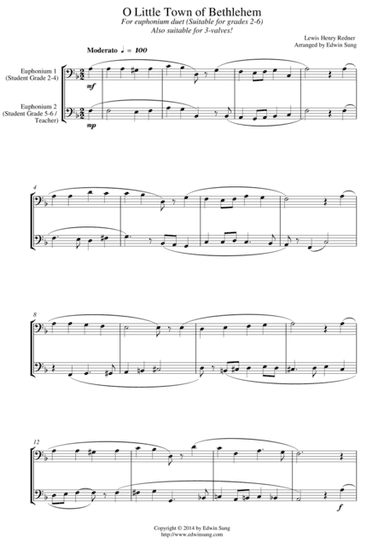 O Little Town of Bethlehem (for euphonium duet (bass clef, 3 or 4 valved), suitable for grades 2-6) (arr. Edwin Sung)