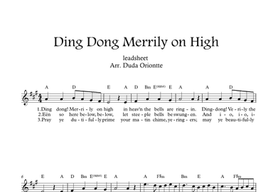 Ding Dong Merrily on High  (leadsheet - A major - with lyrics) (arr. Duda Oriontte)