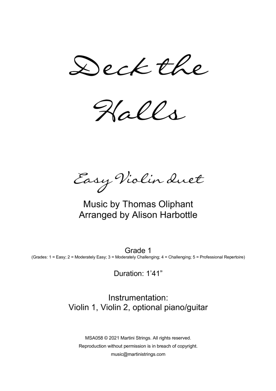 Deck the Halls - Christmas Carol, easy violin duet (arr. Alison Harbottle)