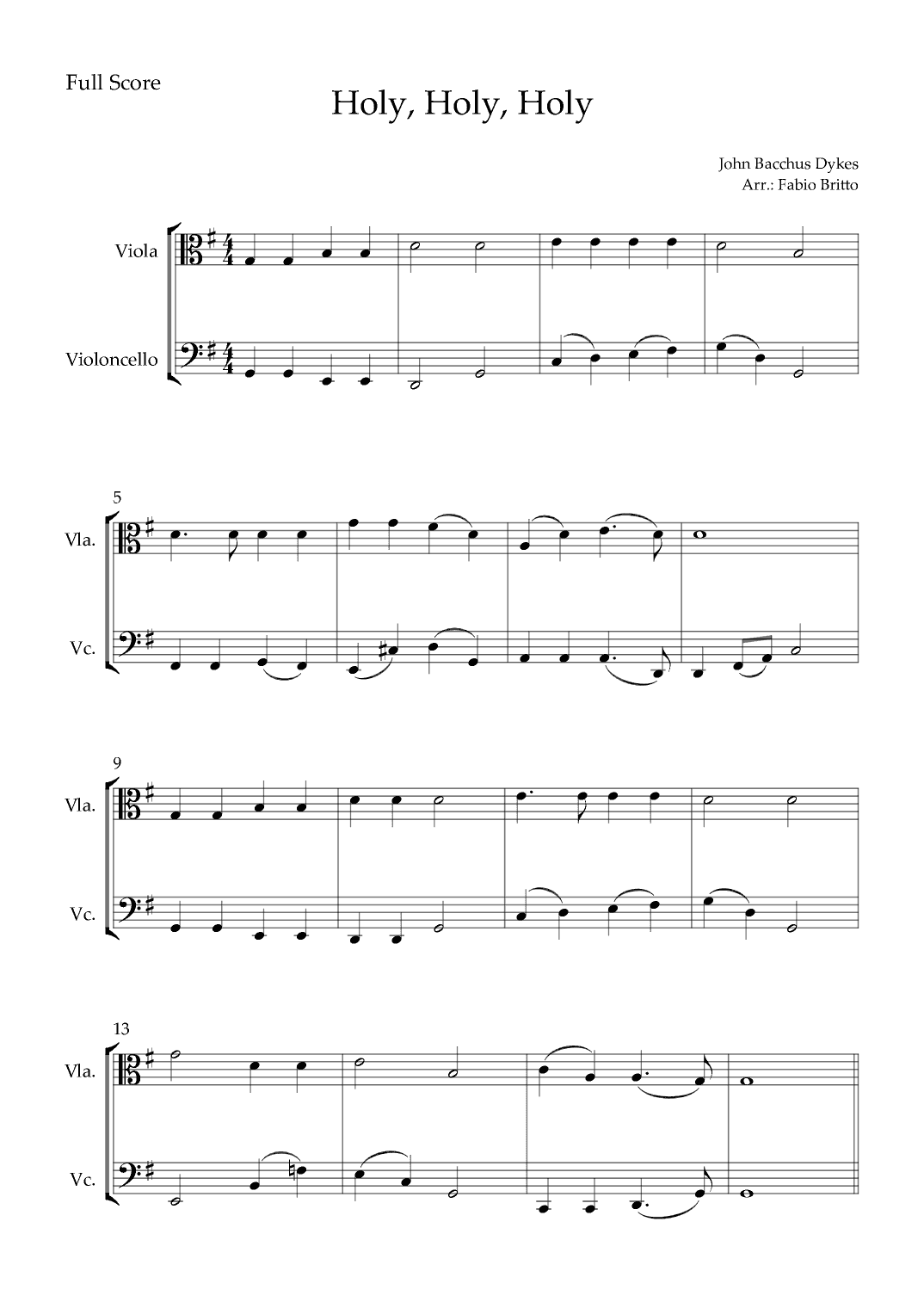 Holy, Holy, Holy (Traditional Christian Song) for Viola & Cello Duo (arr. Fabio Britto)